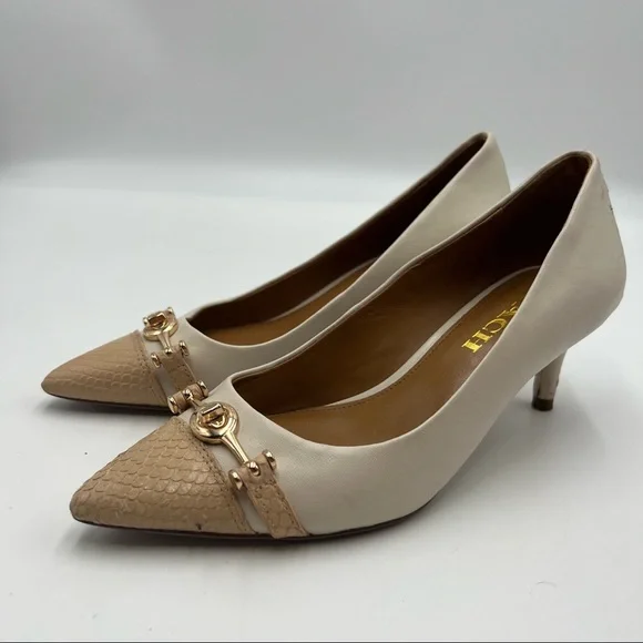 Coach Lauri White/Beechwood Kitten Horsebit Heels - Picture 3 of 7